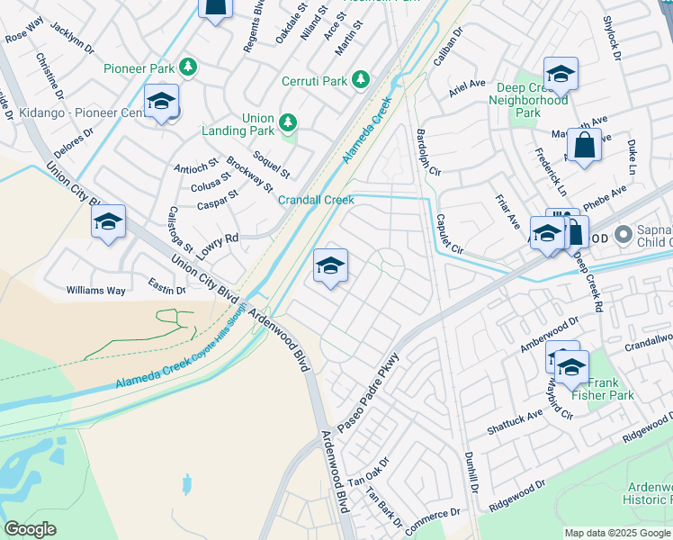 map of restaurants, bars, coffee shops, grocery stores, and more near 33420 Pony Loop in Fremont