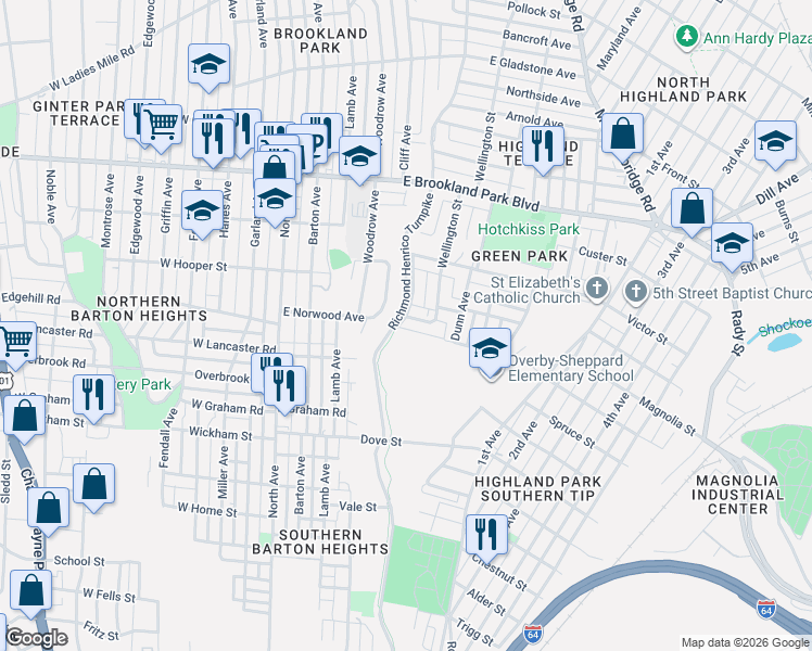 map of restaurants, bars, coffee shops, grocery stores, and more near 2641 Richmond Henrico Turnpike in Richmond
