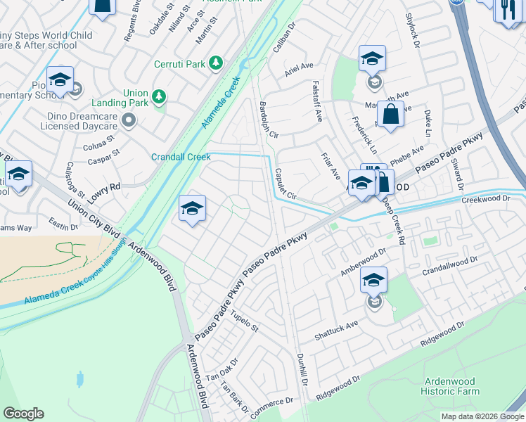 map of restaurants, bars, coffee shops, grocery stores, and more near 34270 Stable Way in Fremont