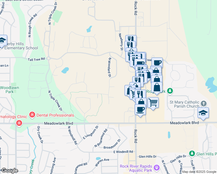 map of restaurants, bars, coffee shops, grocery stores, and more near 1913 North Newberry Street in Derby