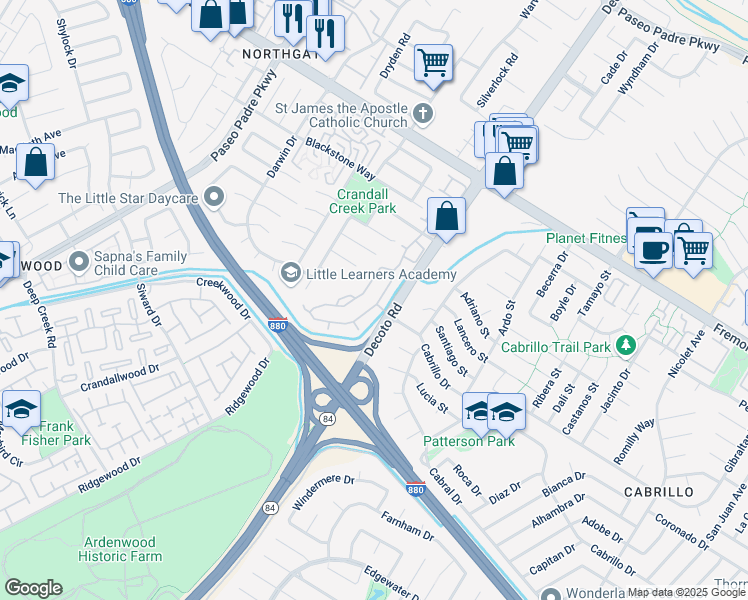 map of restaurants, bars, coffee shops, grocery stores, and more near 4510 Calypso Terrace in Fremont
