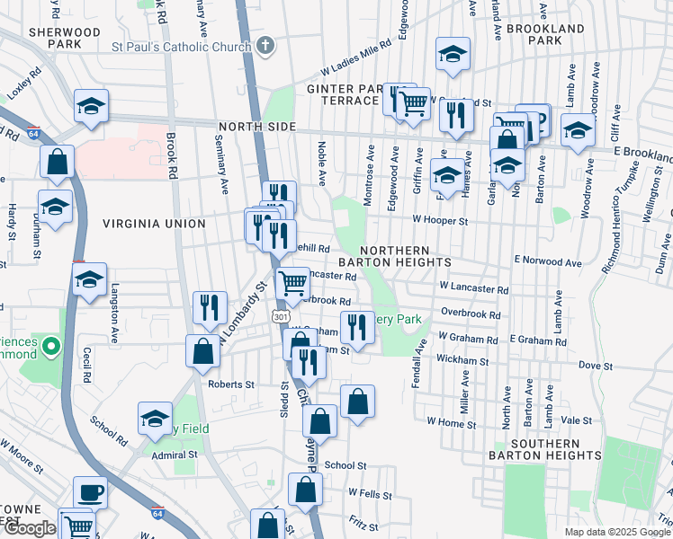 map of restaurants, bars, coffee shops, grocery stores, and more near 608 West Lancaster Road in Richmond