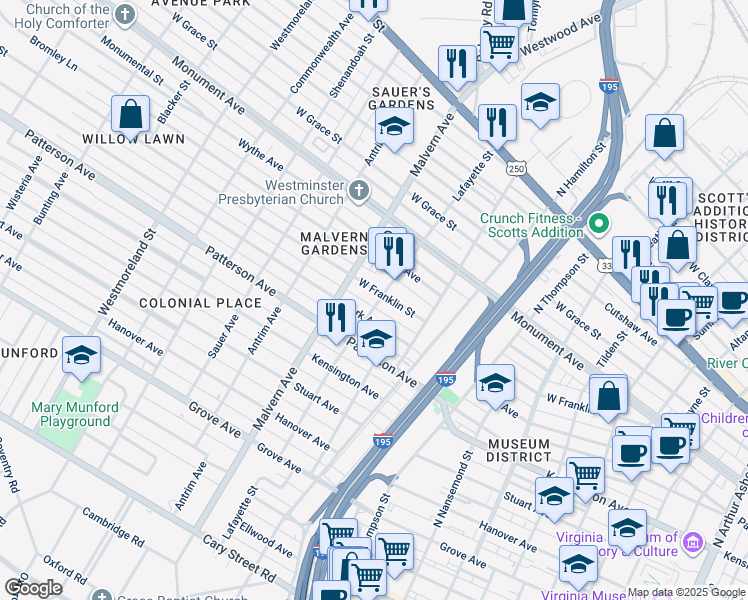 map of restaurants, bars, coffee shops, grocery stores, and more near 4001 W Franklin St in Richmond