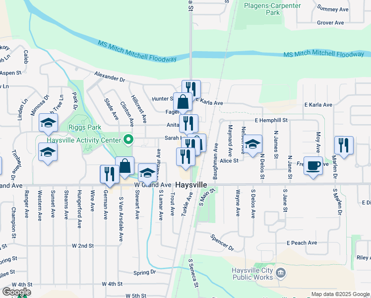map of restaurants, bars, coffee shops, grocery stores, and more near 243 South Seneca Street in Haysville