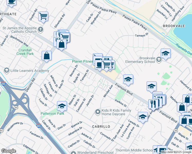 map of restaurants, bars, coffee shops, grocery stores, and more near 4040 Sunset Terrace in Fremont