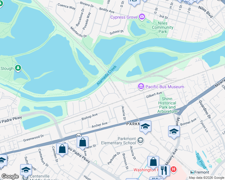 map of restaurants, bars, coffee shops, grocery stores, and more near 37837 Von Euw Common in Fremont