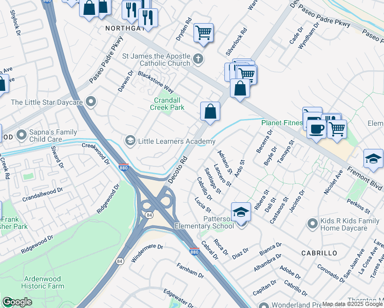 map of restaurants, bars, coffee shops, grocery stores, and more near 4440 Decoto Road in Fremont