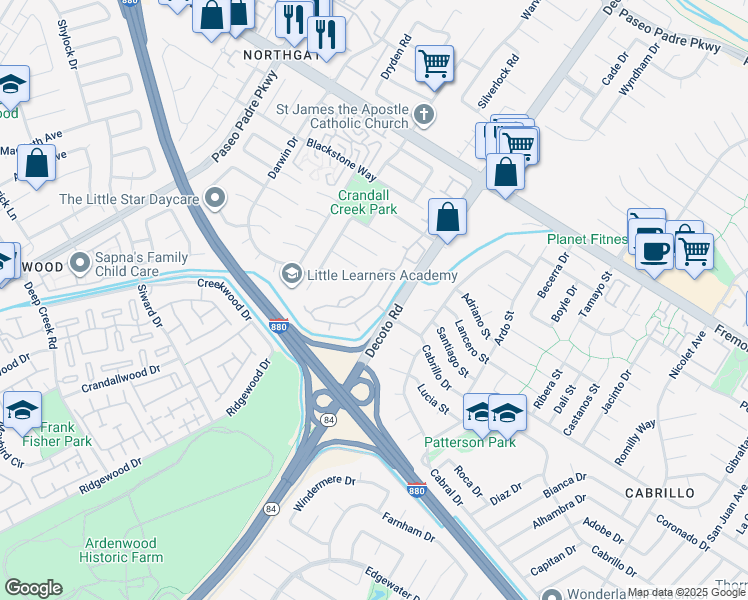 map of restaurants, bars, coffee shops, grocery stores, and more near 4510 Calypso Terrace in Fremont