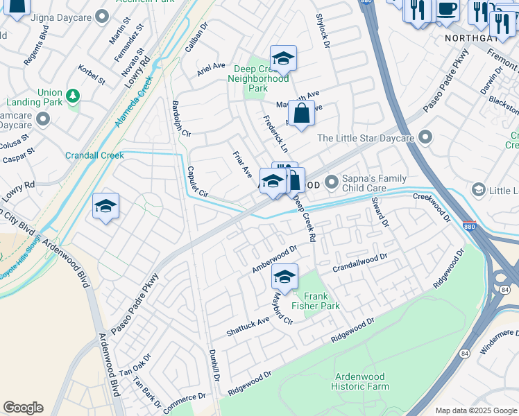 map of restaurants, bars, coffee shops, grocery stores, and more near 4953 Paseo Padre Parkway in Fremont