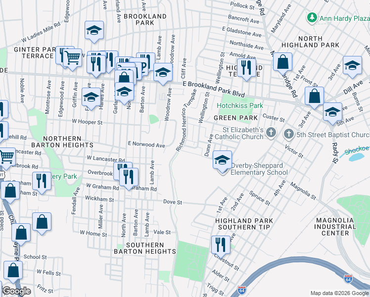 map of restaurants, bars, coffee shops, grocery stores, and more near 2700 Richmond Henrico Turnpike in Richmond