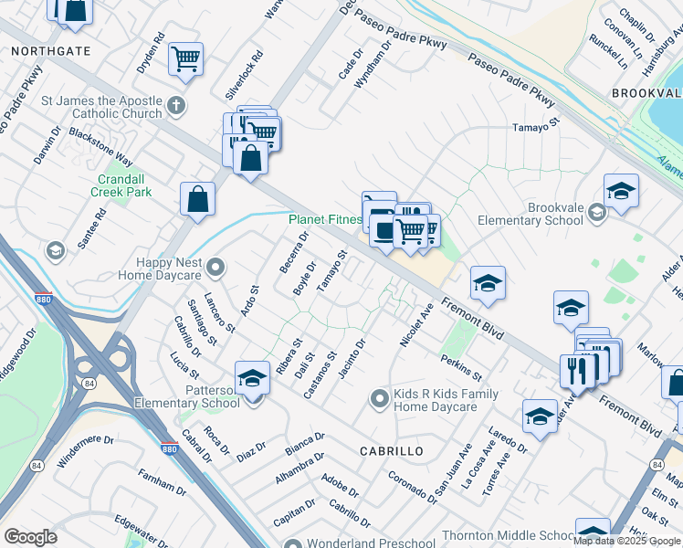 map of restaurants, bars, coffee shops, grocery stores, and more near 35361 Stowe Common in Fremont