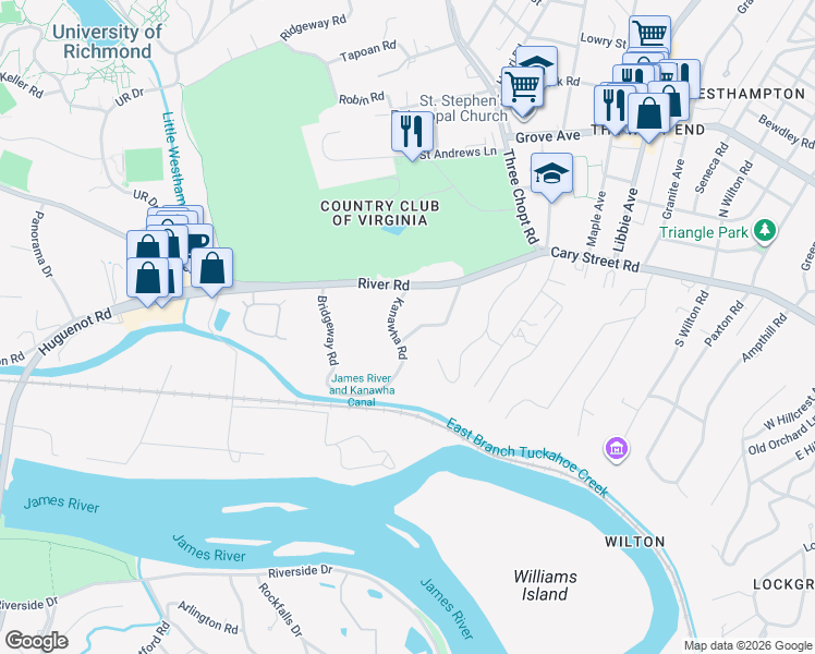 map of restaurants, bars, coffee shops, grocery stores, and more near 5809 River Road in Richmond