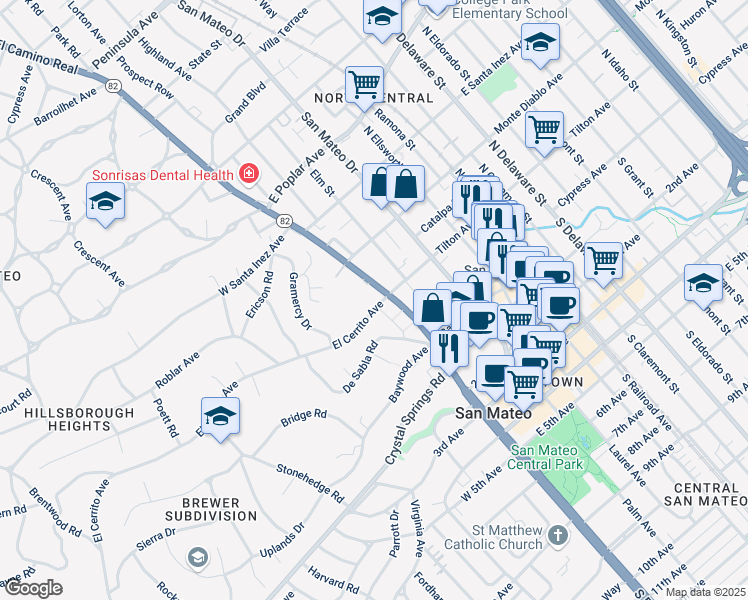 map of restaurants, bars, coffee shops, grocery stores, and more near 123 North El Camino Real in San Mateo