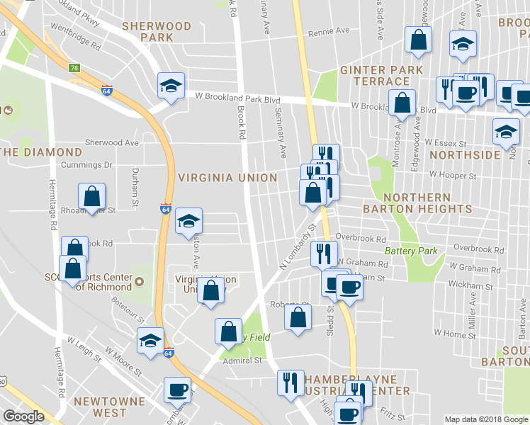 map of restaurants, bars, coffee shops, grocery stores, and more near 2610 Northumberland Avenue in Richmond