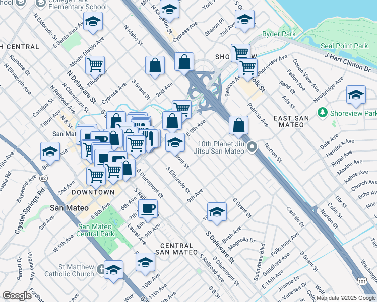 map of restaurants, bars, coffee shops, grocery stores, and more near 522 South Grant Street in San Mateo