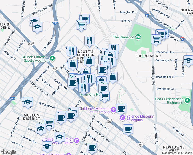 map of restaurants, bars, coffee shops, grocery stores, and more near 3006 West Leigh Street in Richmond