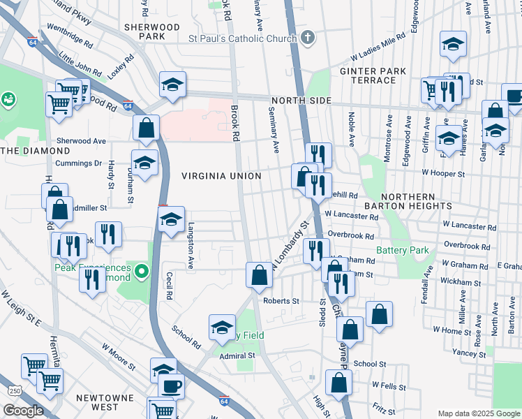 map of restaurants, bars, coffee shops, grocery stores, and more near 2610 Northumberland Avenue in Richmond