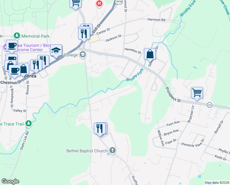 map of restaurants, bars, coffee shops, grocery stores, and more near 205 Elm Street in Berea