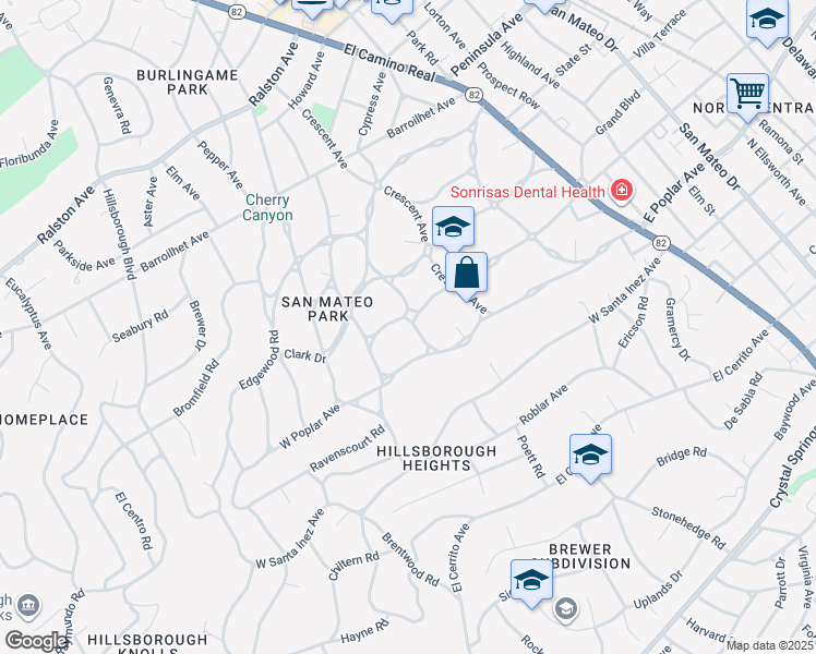map of restaurants, bars, coffee shops, grocery stores, and more near 485 Dorchester Road in San Mateo