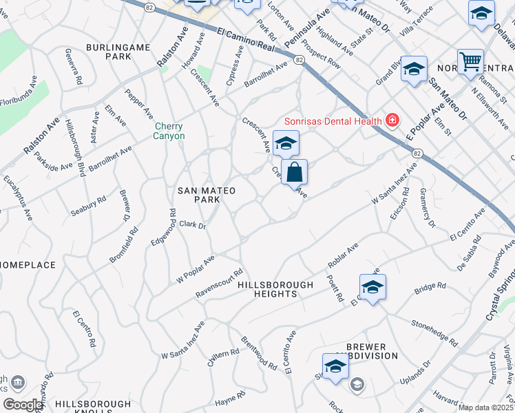 map of restaurants, bars, coffee shops, grocery stores, and more near 485 Dorchester Road in San Mateo