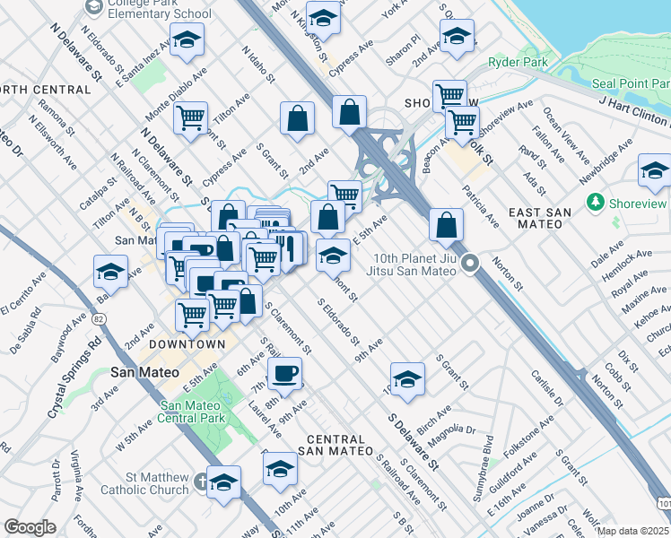 map of restaurants, bars, coffee shops, grocery stores, and more near 501 South Fremont Street in San Mateo
