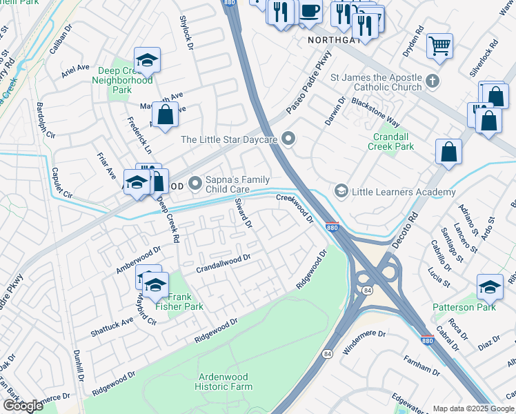 map of restaurants, bars, coffee shops, grocery stores, and more near 4781 Mallard Common in Fremont