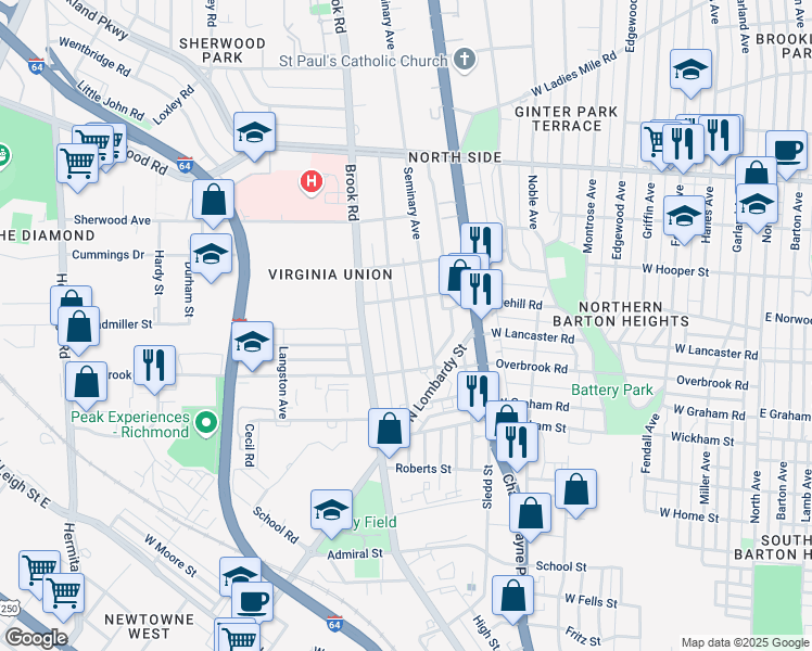 map of restaurants, bars, coffee shops, grocery stores, and more near 2620 Seminary Avenue in Richmond