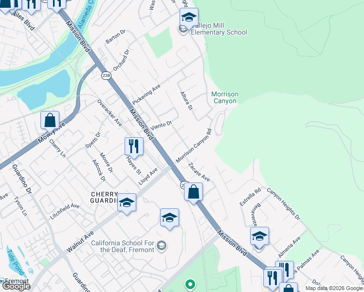 map of restaurants, bars, coffee shops, grocery stores, and more near 222 Arroz Place in Fremont