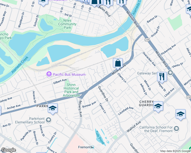 map of restaurants, bars, coffee shops, grocery stores, and more near 628 Crescent Terrace in Fremont
