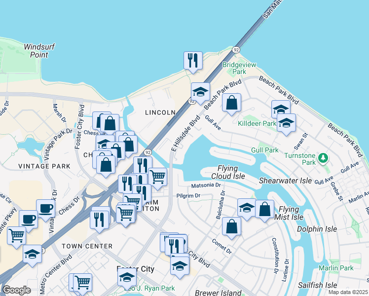 map of restaurants, bars, coffee shops, grocery stores, and more near 1200 East Hillsdale Boulevard in Foster City