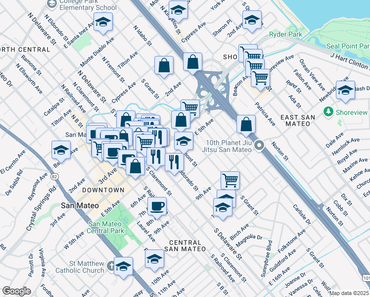 map of restaurants, bars, coffee shops, grocery stores, and more near 827 East 5th Avenue in San Mateo