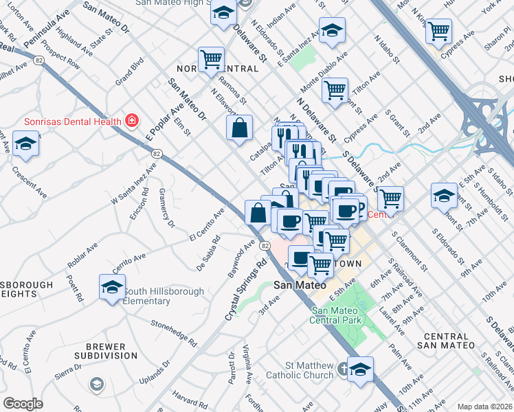 map of restaurants, bars, coffee shops, grocery stores, and more near 53 North San Mateo Drive in San Mateo