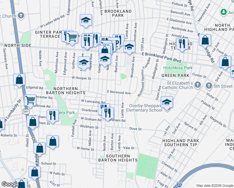 map of restaurants, bars, coffee shops, grocery stores, and more near 2707 Barton Avenue in Richmond