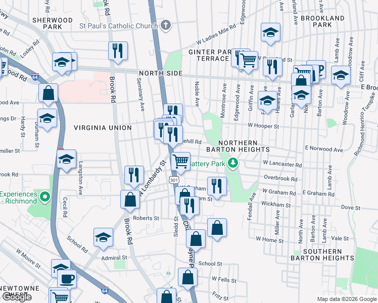 map of restaurants, bars, coffee shops, grocery stores, and more near 819 Edgehill Road in Richmond