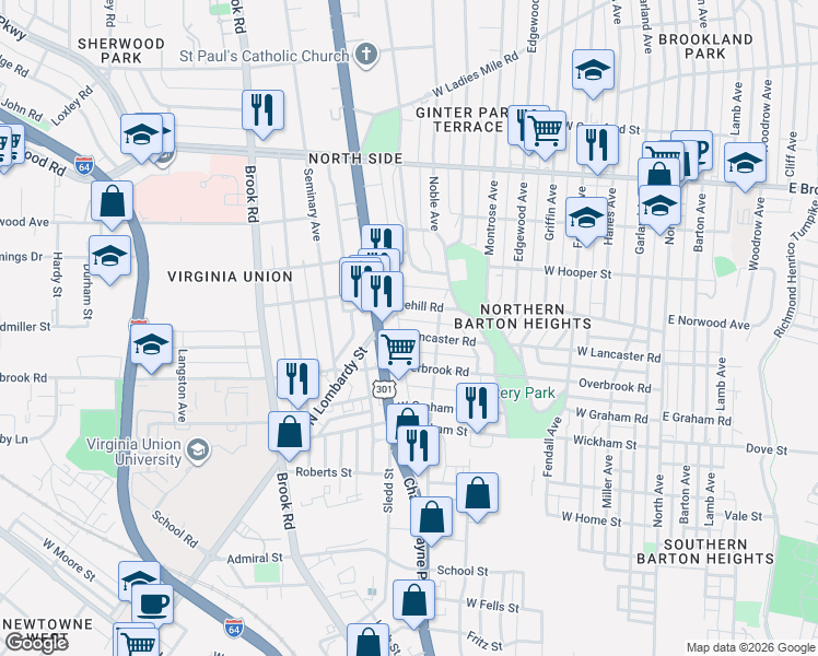 map of restaurants, bars, coffee shops, grocery stores, and more near 819 Edgehill Road in Richmond