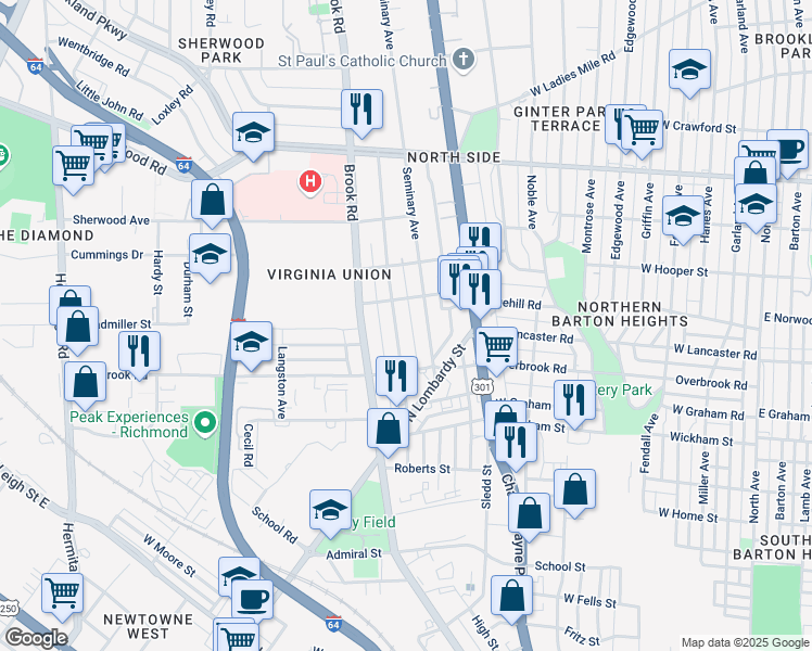 map of restaurants, bars, coffee shops, grocery stores, and more near 2620 Seminary Avenue in Richmond