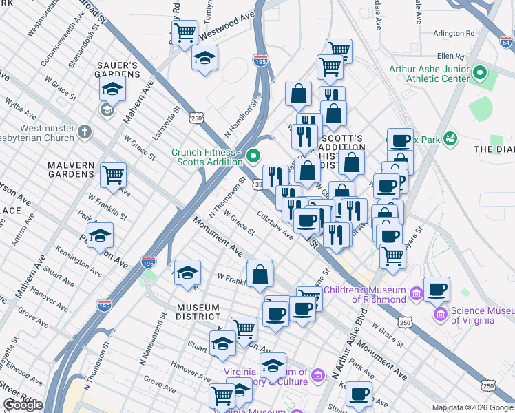 map of restaurants, bars, coffee shops, grocery stores, and more near 3315 U.S. 33 in Richmond