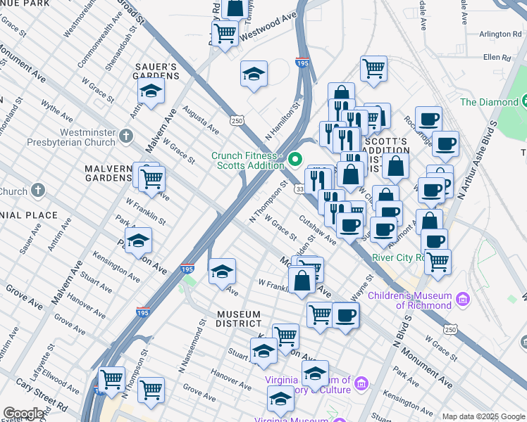 map of restaurants, bars, coffee shops, grocery stores, and more near 1004 North Thompson Street in Richmond