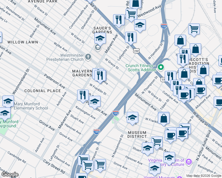 map of restaurants, bars, coffee shops, grocery stores, and more near 3901 Monument Avenue in Richmond