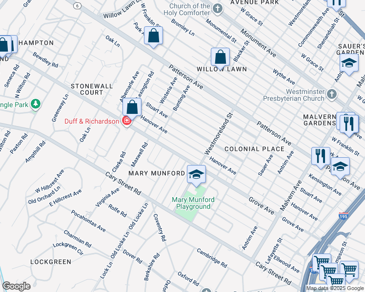 map of restaurants, bars, coffee shops, grocery stores, and more near 4621 Hanover Avenue in Richmond