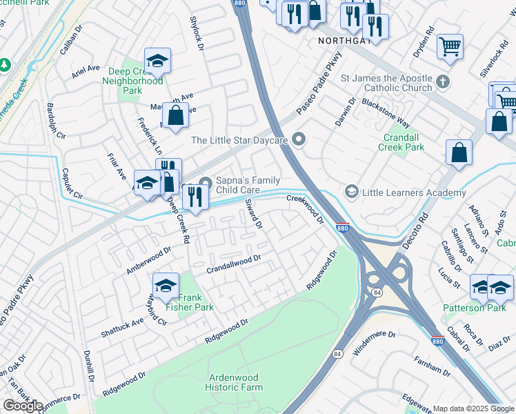 map of restaurants, bars, coffee shops, grocery stores, and more near 4772 Creekwood Drive in Fremont