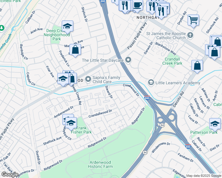 map of restaurants, bars, coffee shops, grocery stores, and more near 4772 Creekwood Drive in Fremont