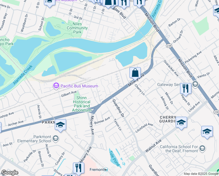 map of restaurants, bars, coffee shops, grocery stores, and more near 628 Crescent Terrace in Fremont