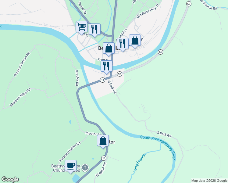 map of restaurants, bars, coffee shops, grocery stores, and more near South Fork Road in Beattyville