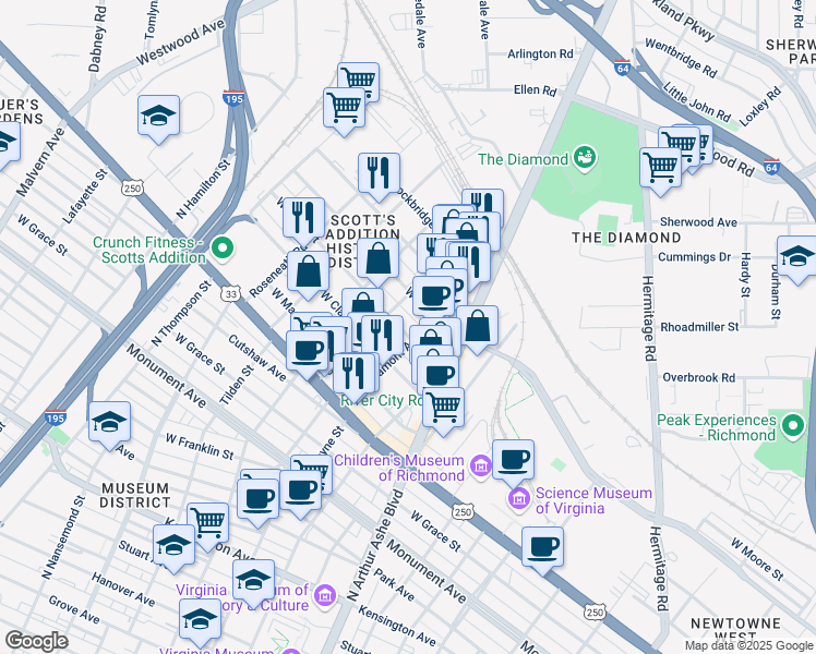 map of restaurants, bars, coffee shops, grocery stores, and more near 3008 West Leigh Street in Richmond