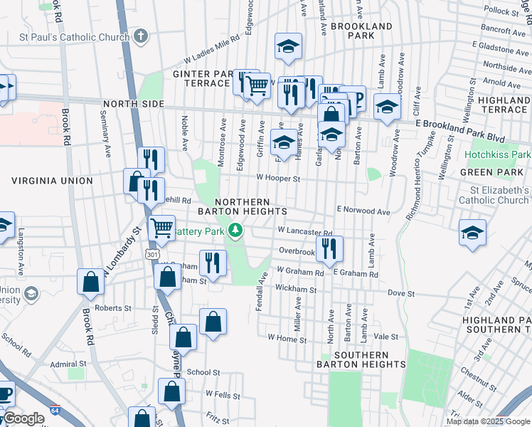 map of restaurants, bars, coffee shops, grocery stores, and more near 2701 Griffin Avenue in Richmond