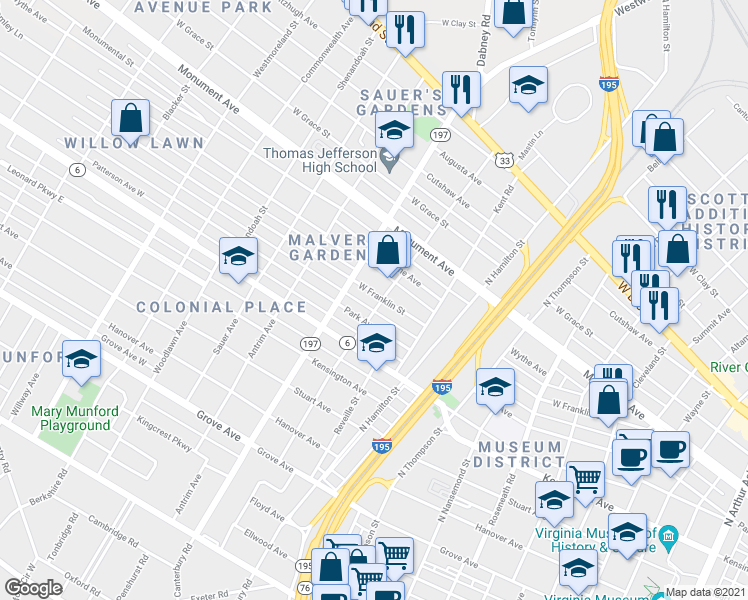 map of restaurants, bars, coffee shops, grocery stores, and more near 4001 W Franklin St in Richmond