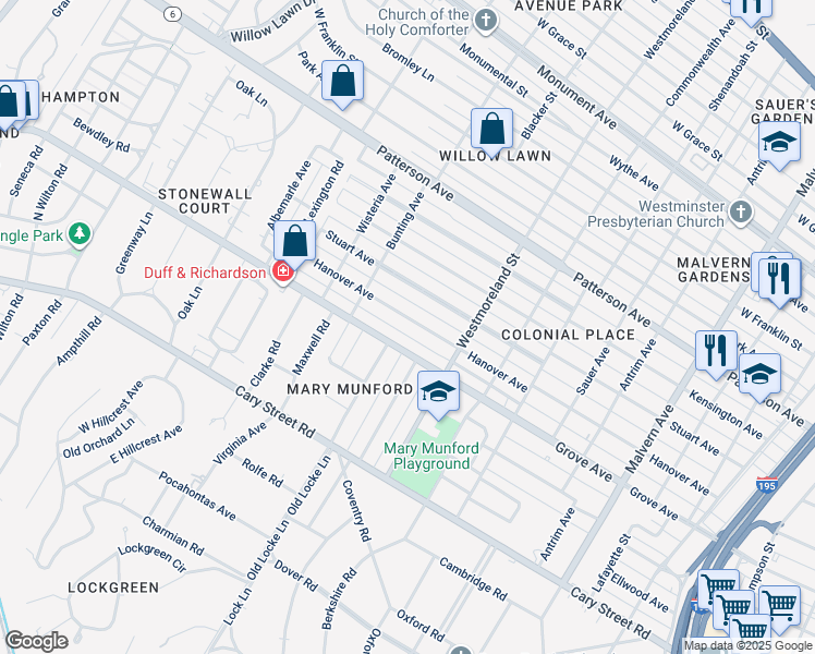 map of restaurants, bars, coffee shops, grocery stores, and more near 4621 Hanover Avenue in Richmond