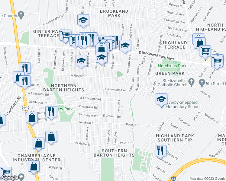 map of restaurants, bars, coffee shops, grocery stores, and more near 2707 Barton Avenue in Richmond