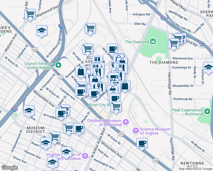 map of restaurants, bars, coffee shops, grocery stores, and more near 3010 West Leigh Street in Richmond